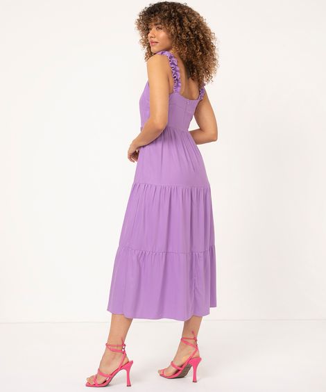vestido midi decote reto alça franzida lilás