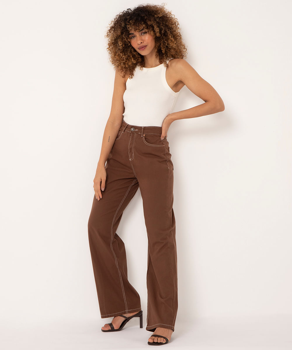 calça wide slim cintura super alta marrom Menor preço em calça wide slim cintura super alta marrom