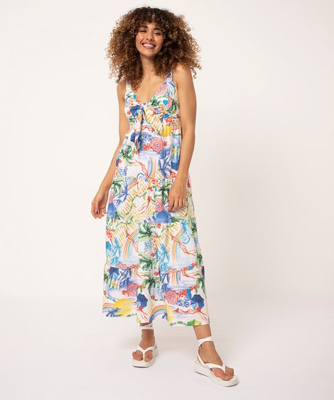 vestido midi de algodão decote amarração praia off white