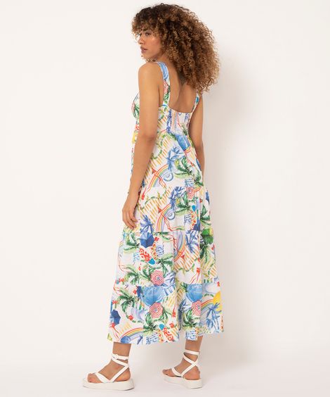 vestido midi de algodão decote amarração praia off white