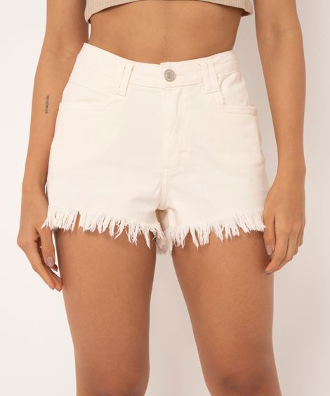 short de sarja curto cintura alta com barra desfiada off white