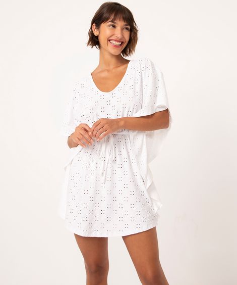 saída de praia kaftan curto de laise com amarração off white