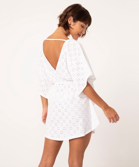 saída de praia kaftan curto de laise com amarração off white