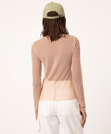 blusa de tule manga longa recorte bege