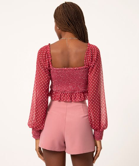 blusa de tule poá cropped manga bufante vermelho