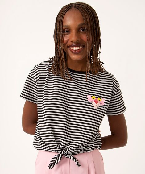 camiseta listrada pantera cor de rosa amarração multicor