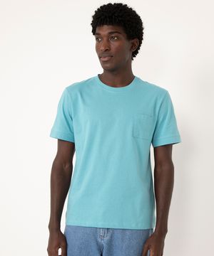 camiseta básica de algodão manga curta com bolso azul