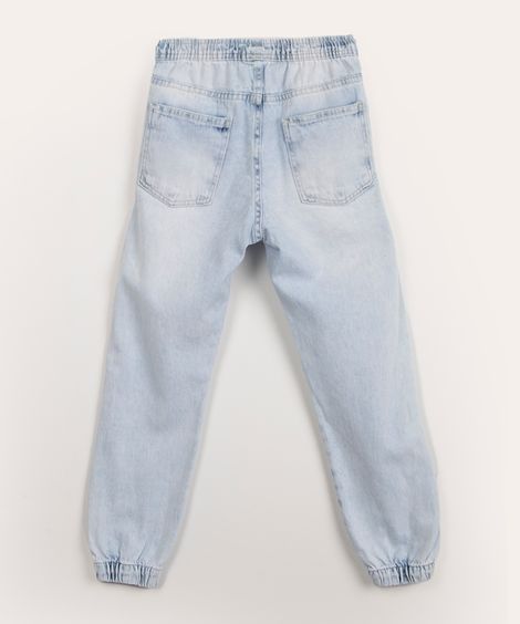 calça juvenil jeans jogger com cordão azul claro marmorizado