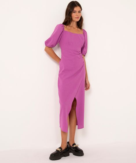 vestido midi manga bufante com fenda roxo