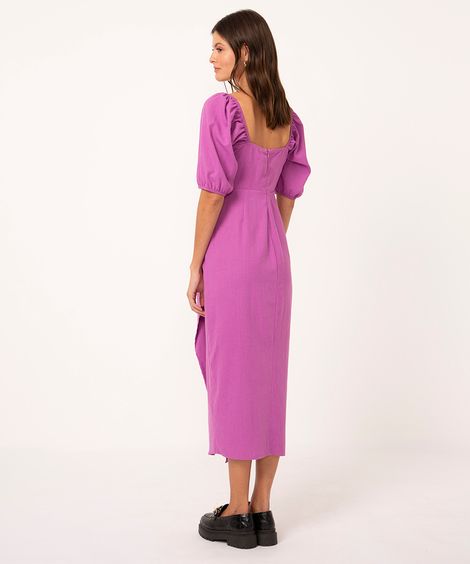 vestido midi manga bufante com fenda roxo
