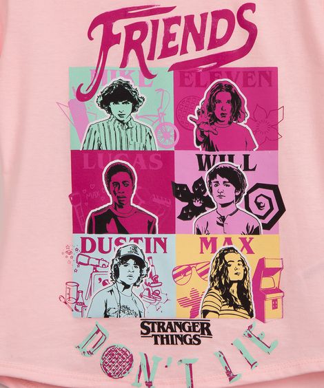 blusa infantil manga curta stranger things rosa claro
