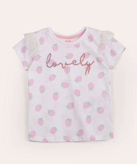 blusa infantil manga curta morangos lovely off white