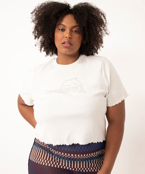 camiseta plus size cropped baby look strass cosmo off white