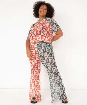calça plus size pantalona de tule cintura alta orla cosmo laranja