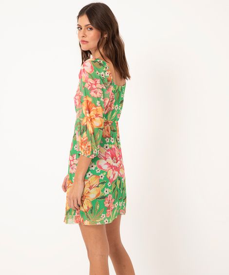 vestido de tule curto manga bufante floral verde