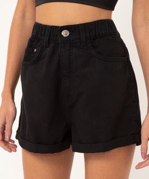 Short de Sarja Feminino Mom Cintura Super Alta com Barra Dobrada Preto