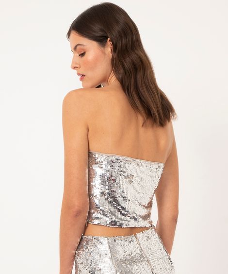 top de paetê cropped corset prateado
