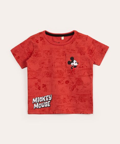 camiseta infantil de algodão com bolso mickey mouse vermelho