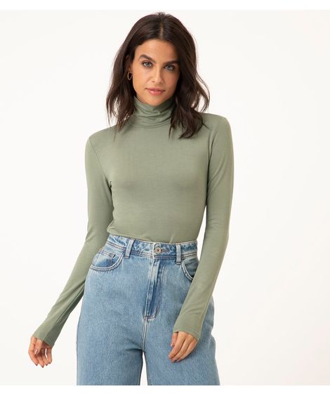 blusa básica manga longa gola alta verde mate
