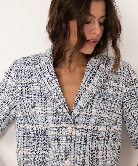 blazer cropped de tweed manga curta azul