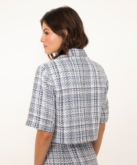 blazer cropped de tweed manga curta azul