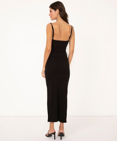 vestido midi de malha canelada cut out preto