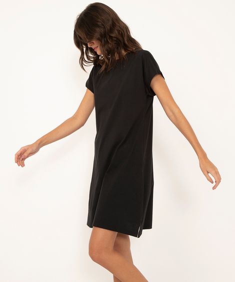 vestido curto básico manga curta areia - preto