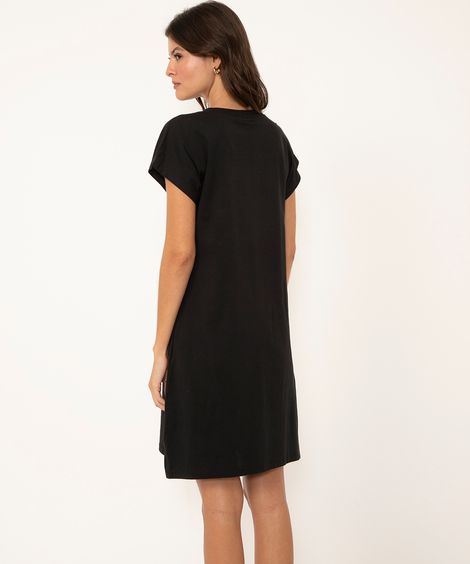 vestido curto básico manga curta areia - preto