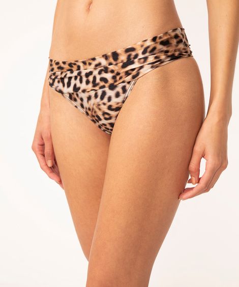biquíni calcinha tanga franzida animal print com proteção uv50 preto