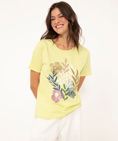 camiseta manga curta flores verde lima