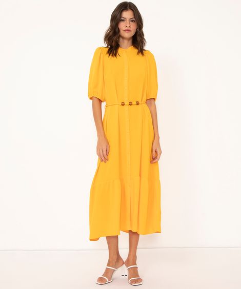 vestido chemise midi manga bufante com cinto laranja médio