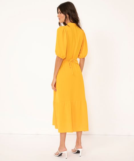 vestido chemise midi manga bufante com cinto laranja médio