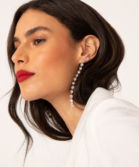 brinco de strass longo prateado
