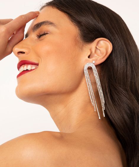 brincos de strass com franjas prateado