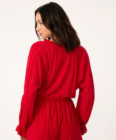 blusa cropped de laise manga bufante com amarração vermelha