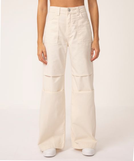 calça de sarja wide leg cintura alta bege claro