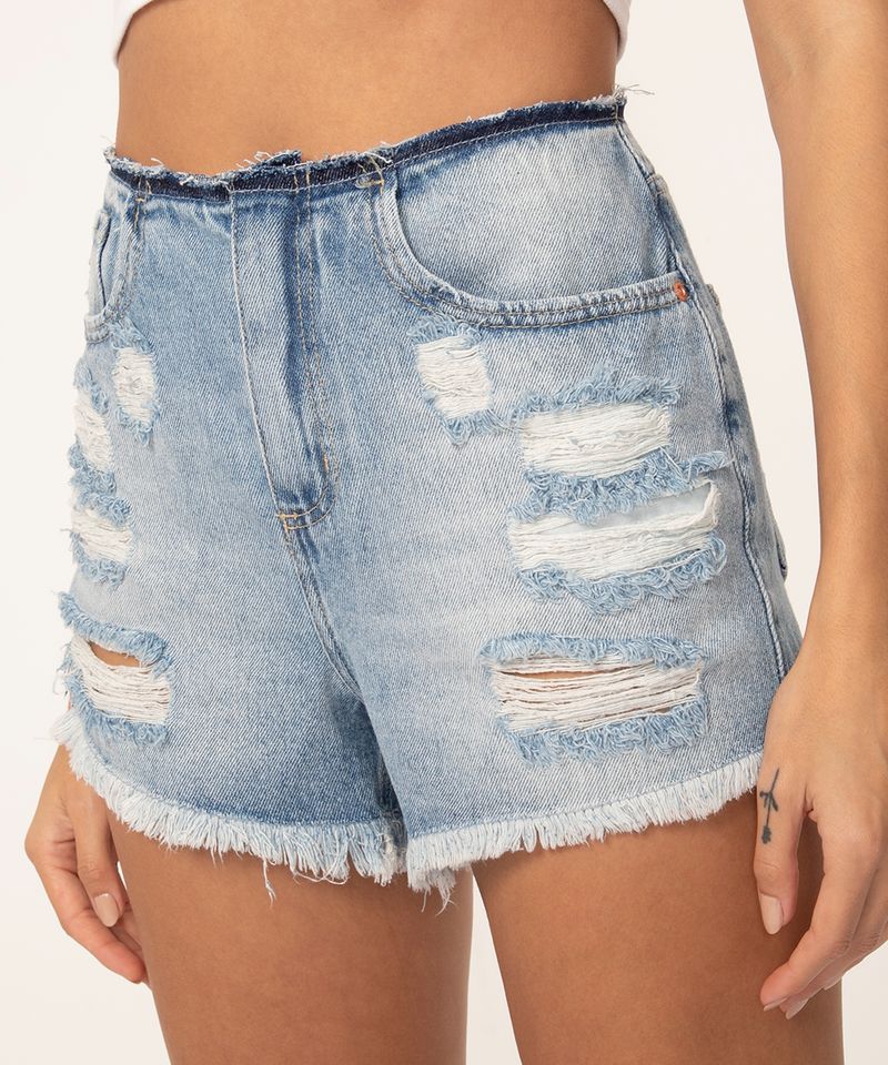 short jeans vintage cintura alta destroyed azul médio