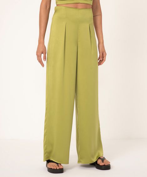 calça wide leg com pregas de cetim cintura alta verde