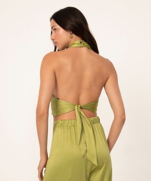 top frente única de cetim com amarração verde