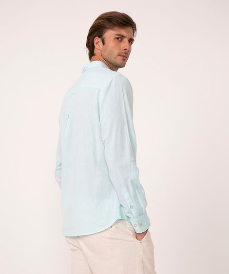 camisa com linho e bolso manga longa turquesa