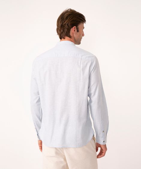 camisa comfort de linho manga longa listrada gola padre azul claro