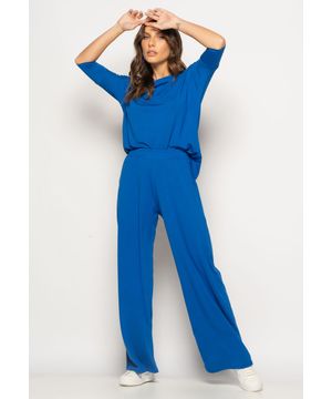 Conjunto Blusa Canoa 3/4 e Wide Leg Malha Azul Salvatore