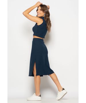 Conjunto Cropped Regata E Saia Midi Malha Canelada Marinho Salvatore