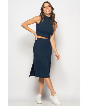 Conjunto Cropped Regata E Saia Midi Malha Canelada Marinho Salvatore