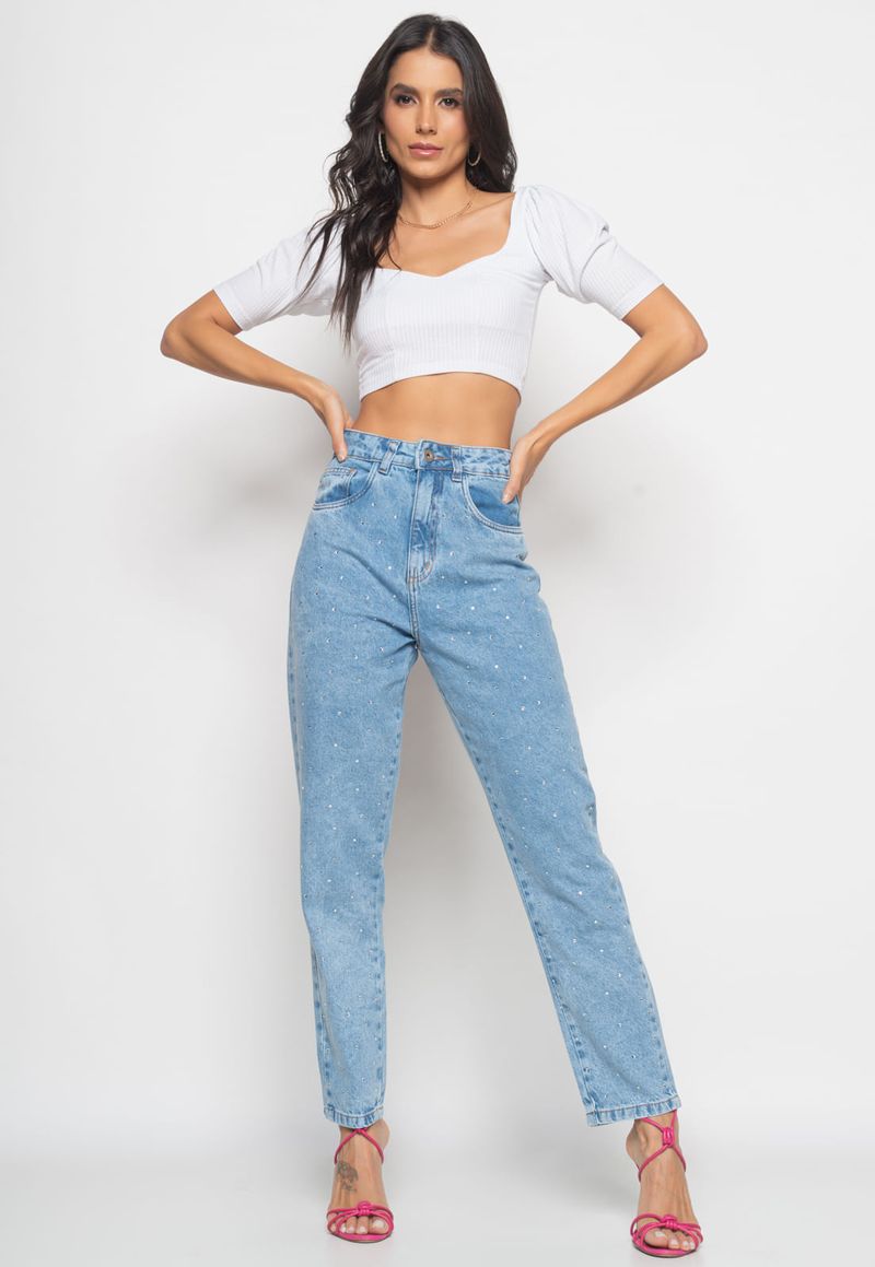 Calça Mom Jeans com Aplicação de Brilho Preto