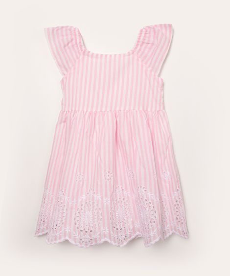vestido infantil listrado e bordado rosa claro