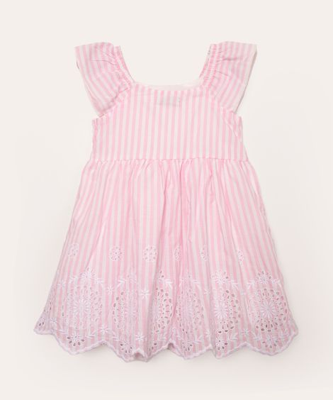 vestido infantil listrado e bordado rosa claro