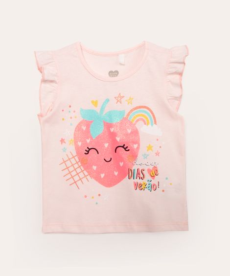 blusa infantil manga babado morango glitter rosa
