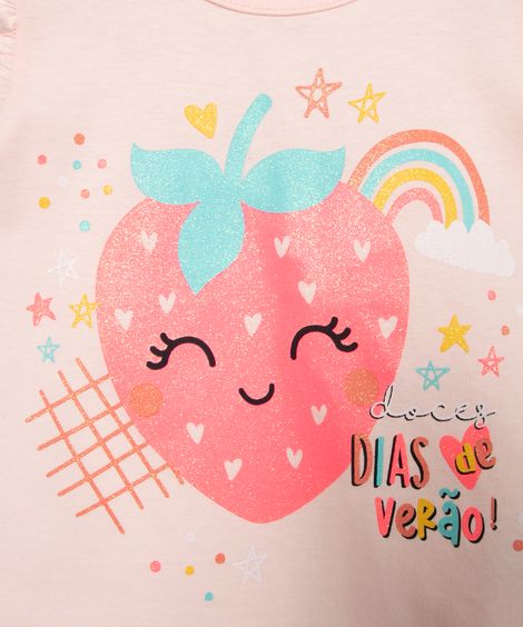 blusa infantil manga babado morango glitter rosa
