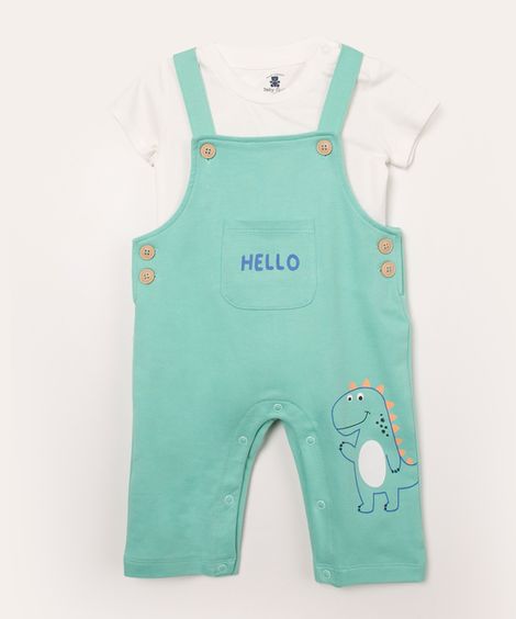 conjunto infantil de jardineira e body manga curta verde